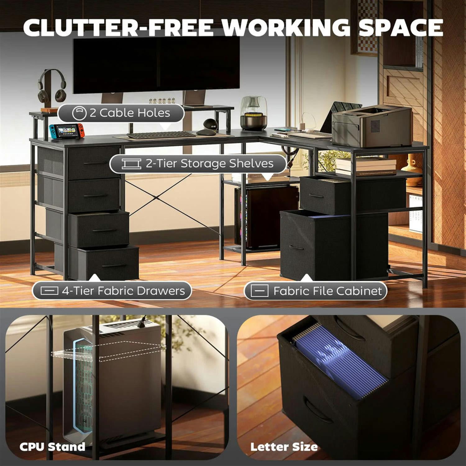 Demi Bonn 66" Reversible L Shaped Corner Office Desk with LED Lights and Power Outlets, Home Computer Desk for Living Room, Office, Study Table PC Desks, Black