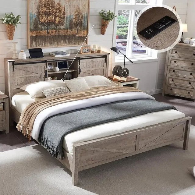 Headboard with Locker with Sliding Barn Door and Charging Station, No Springs Required, King Size Bed Frame My Lux Decor Round