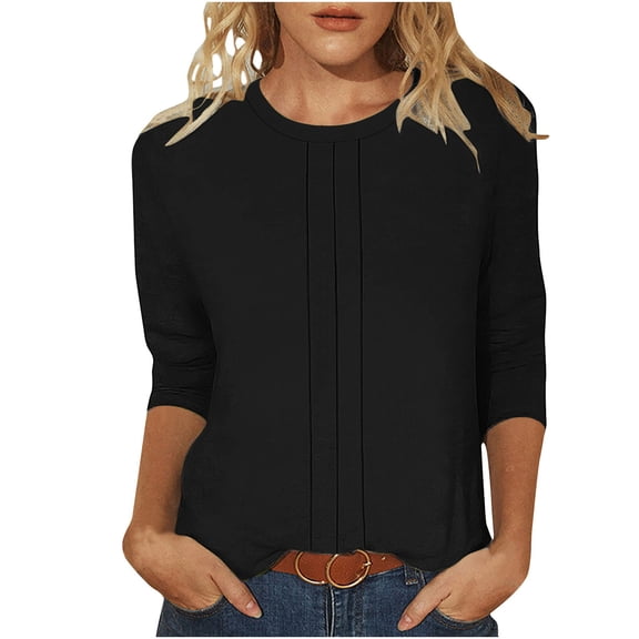 Htigea 3/4 Sleeve T-Shirt for Women Crewneck Pleated Front Blouse Pullover Casual Loose Fit Going Out Tee Tunic Tops Black S
