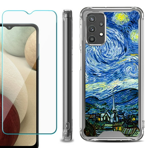 Shockproof Bumper Phone Case for Samsung Galaxy A32 5G, with Tempered Glass Screen Protector, by OneToughShield ® - Starry Night Paris