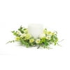 Pack of 6 White Zinnia Flowers with Assorted Green Foliage Candle Wreath 16"