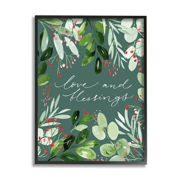 Love & Blessings Green Floral Leaves Holiday Graphic Art Black Framed Art Print Wall Art