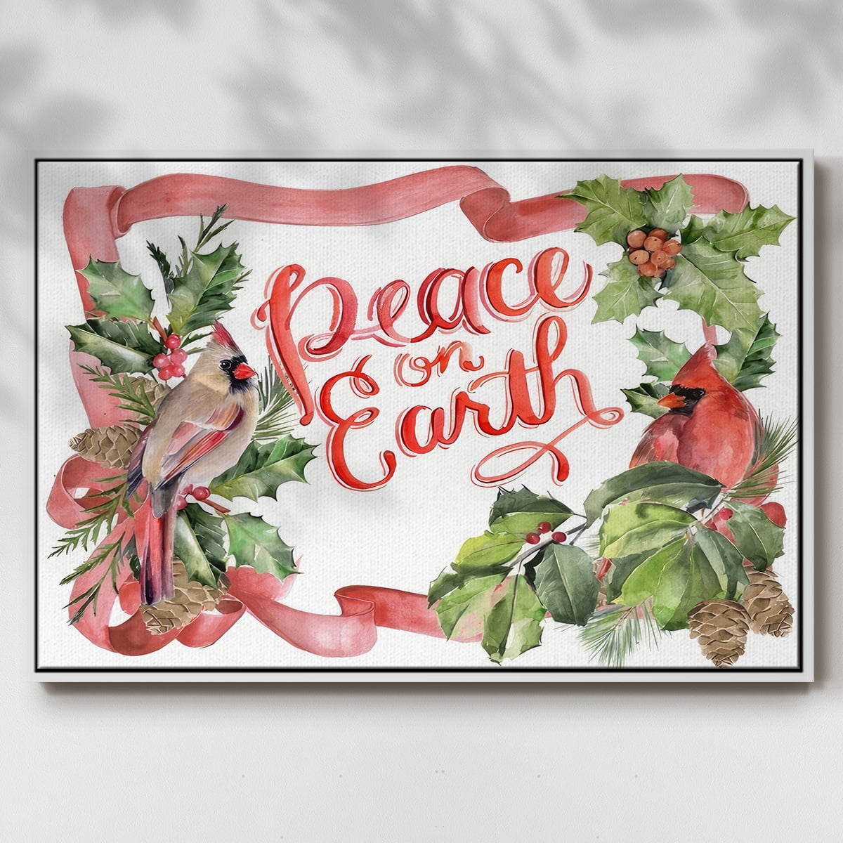Cardinal Holly Christmas Collection A - Framed Gallery Wrapped Holiday Canvas - 27 x 41 - White Frame
