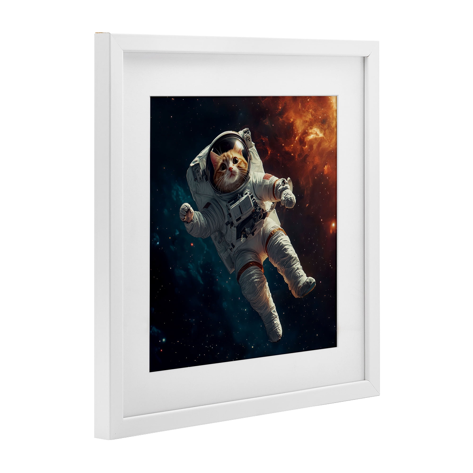 Interstellar Cat Astronaut White Framed Print Under Glass, design by Jim Baldwin