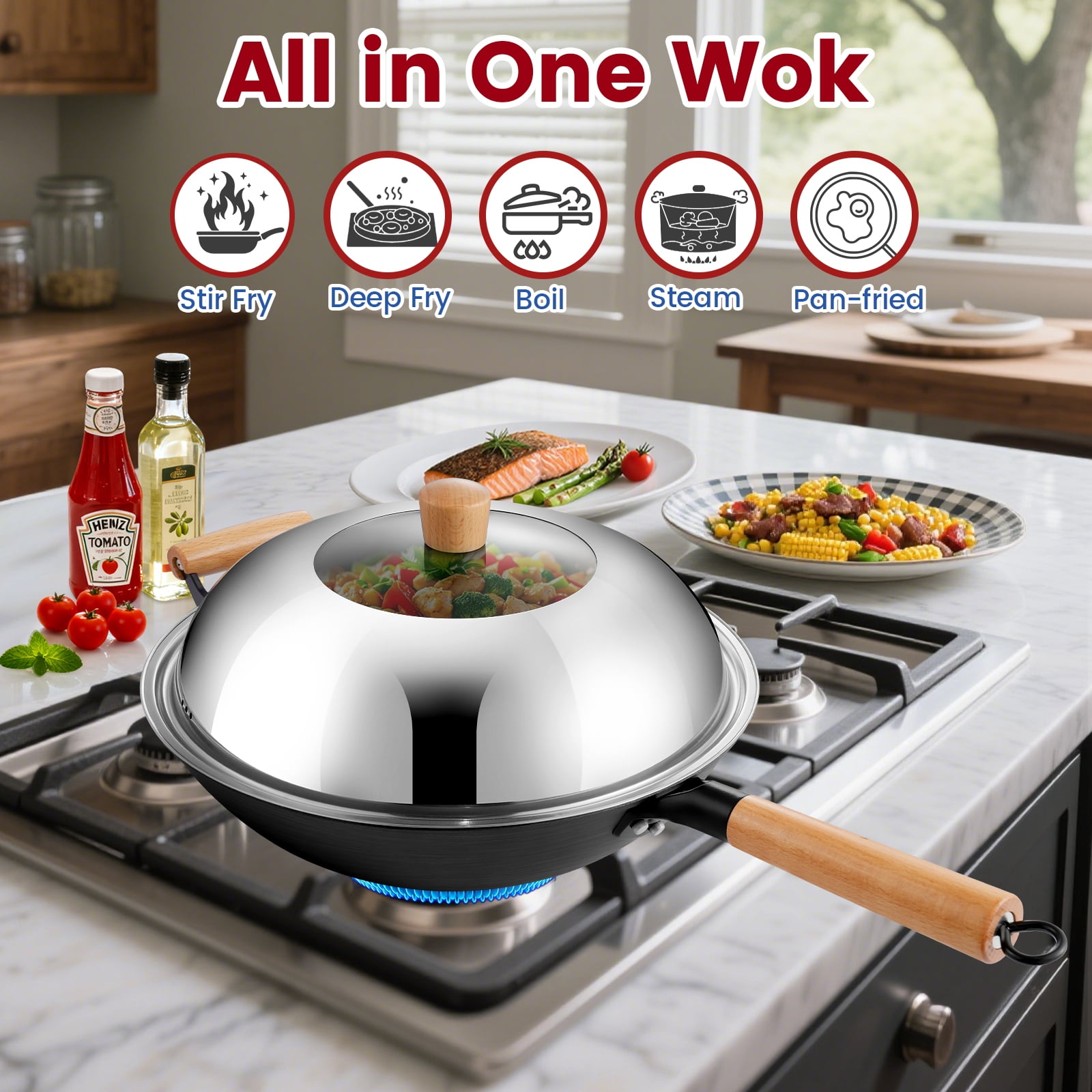 13'' Nonstick Wok, Cast Iron Wok with Lid, 5 PCS Wok Pan & Stir-Fry Pans Set with Oil Filter Tray and Spatula, No Chemical Coated Flat Bottom Chinese Woks Pan for All Stoves