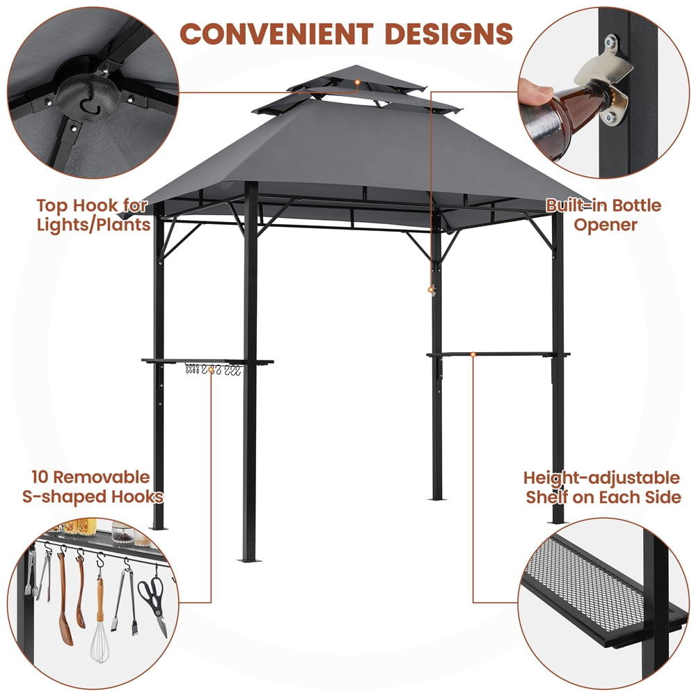 Yaheetech 8×5 Ft Outdoor Grill Gazebo with Height Adjustable Shelves, Dark Gray