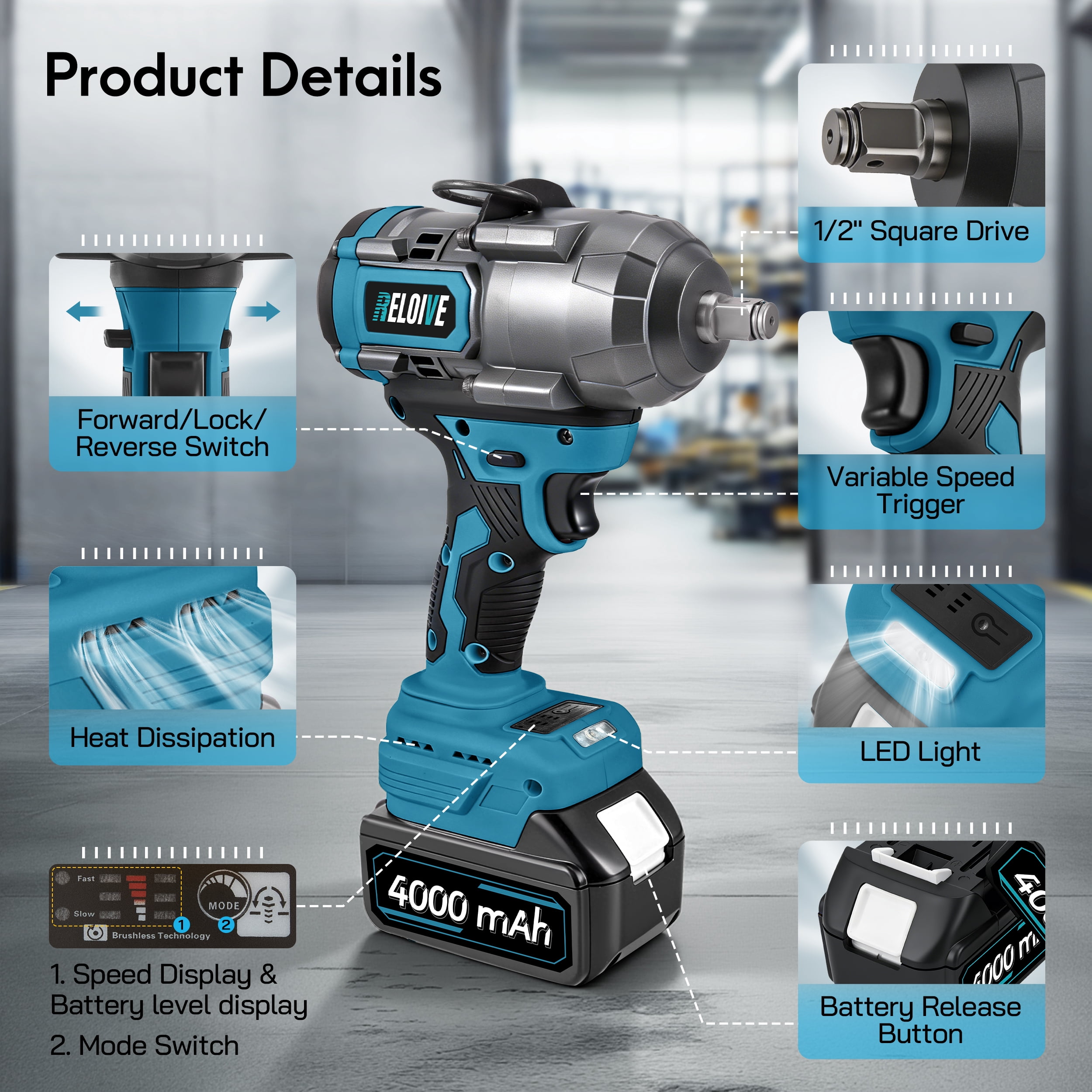 RELOIVE Cordless Impact Wrench Kit,885 FT-lbs(1200N.m) Max Torque,1/2" Heavy-Duty Brushless Motor,4-IN-1 Electric Impact Driver,2 x 4.0Ah Batteries for Car Home Repair