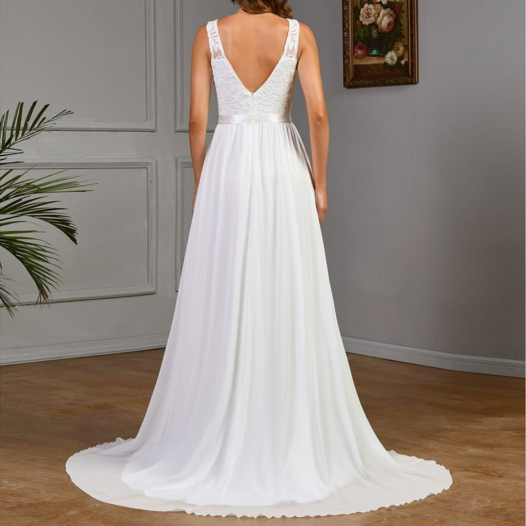 Long Dress Wedding Dresses for Bride Sleeveless Lace Chiffon White Dress, Womens Long Maxi Floor Length Formal Dresses White M