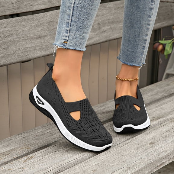 QWKLEAJ Soft Knit Comfort Hollow Cutout Mesh Wedge Slip On Flats for Ladies, Perforated Walking Sneakers Lightweight Non Slip Gardening Shoes Black 5.5 Wide