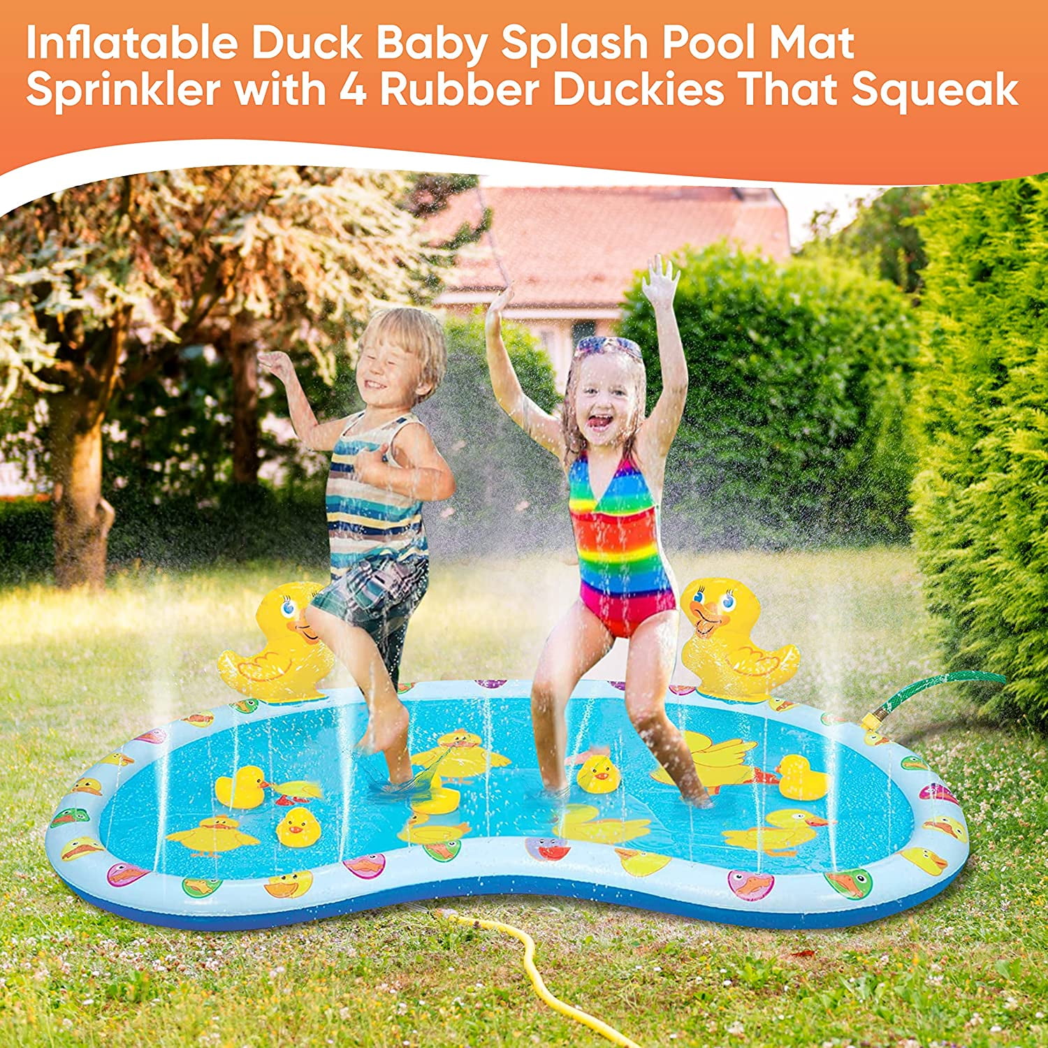 KOVOT 54" Inflatable Duck Splash Pool Mat Sprinkler Outdoor Playable with Rubber Duckies, 4 Pieces