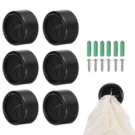 6 Pcs Push Towel Hooks, Round Adhesive Dish Towel Hook with Wall Plug Wall Mount Hand Towel Holder for Kitchen, Bathroom, Hand and Dish Towels, Black