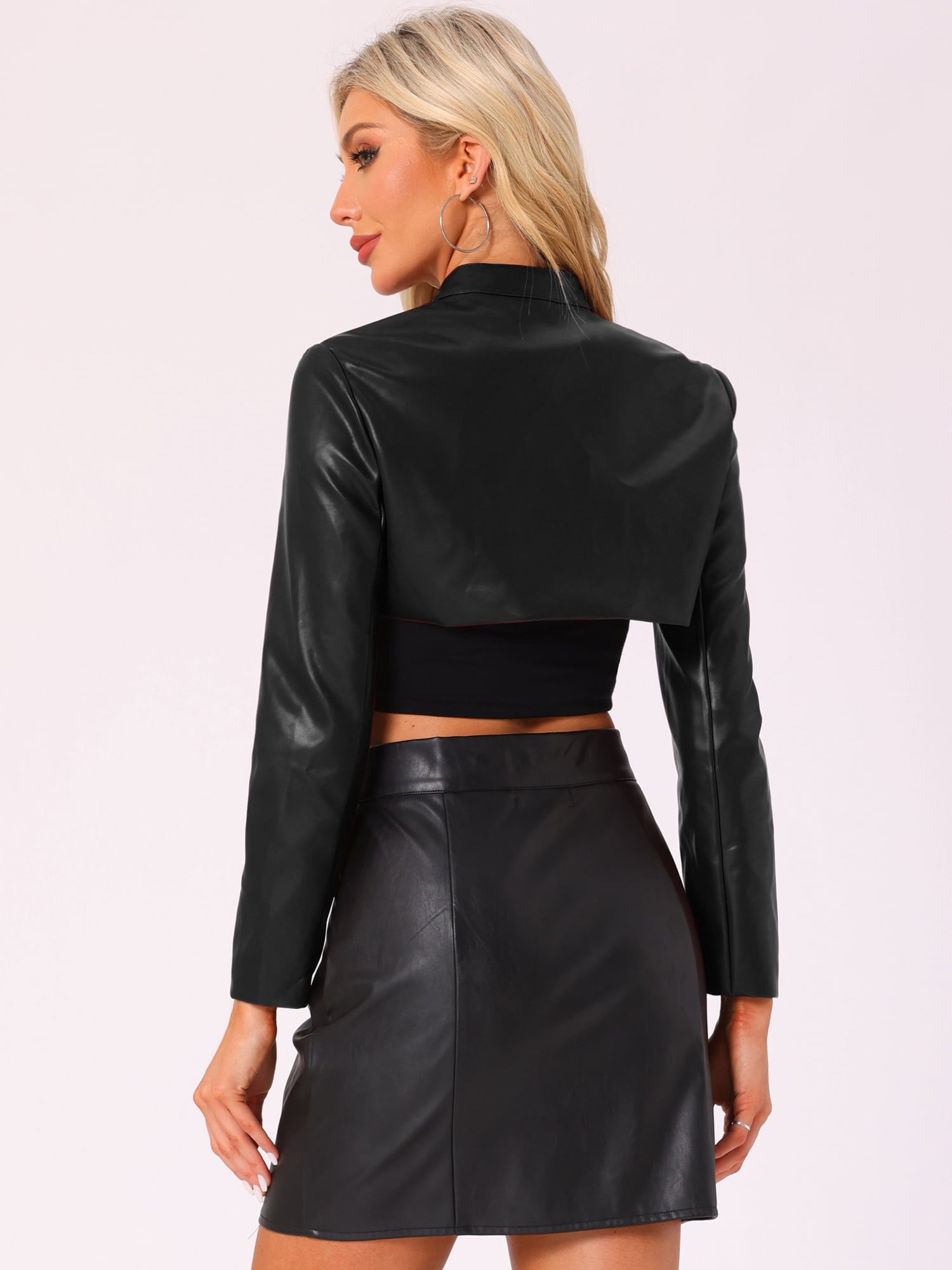 DARING DIVA Women's Faux Leather Cropped Stand Collar Zipper Front Moto Jacket XS Black