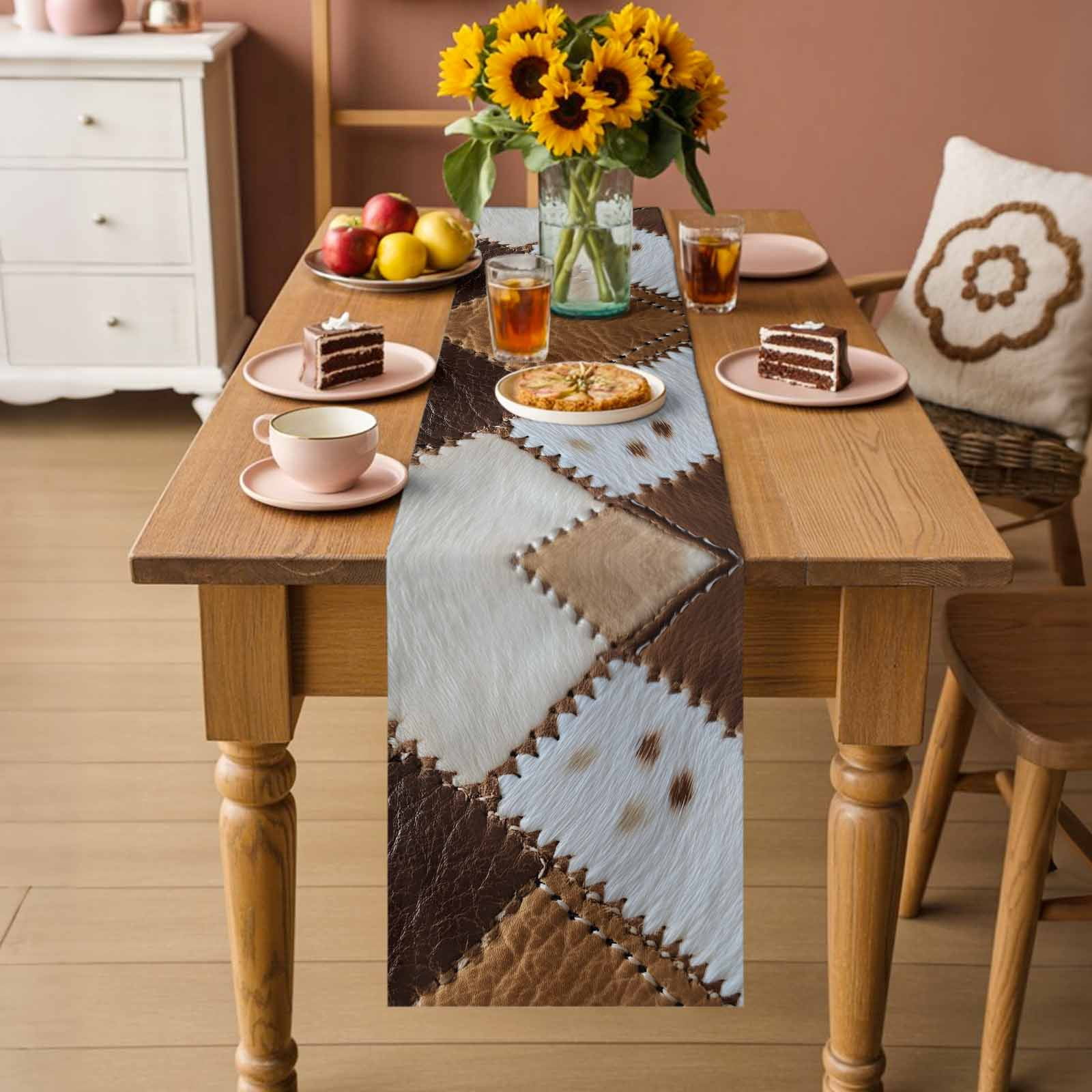 Leather Cowhide Table Runner, Brown White Seam Collage Abstract Art Cotton Linen Kitchen Table Decoration Washable Dining Tabletop Runners for Home Party Decor 18x72 Inches