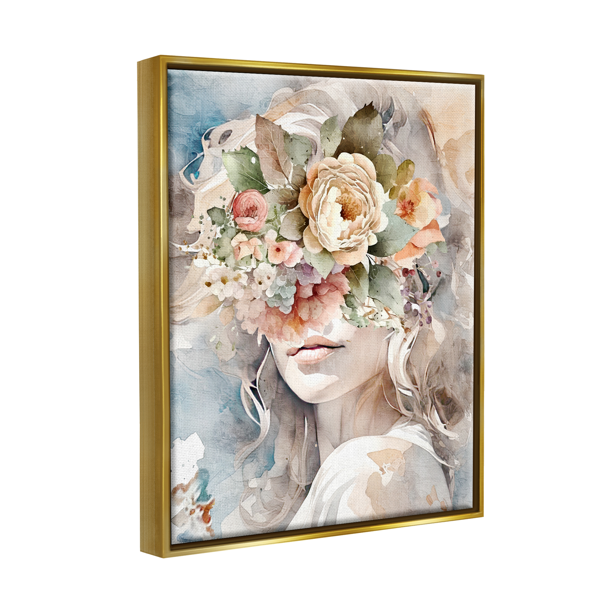 Stupell Industries Floral Portrait of Girl Botanical & Floral Painting Gold Floater Framed Canvas Art Print Wall Art, 25 x 31