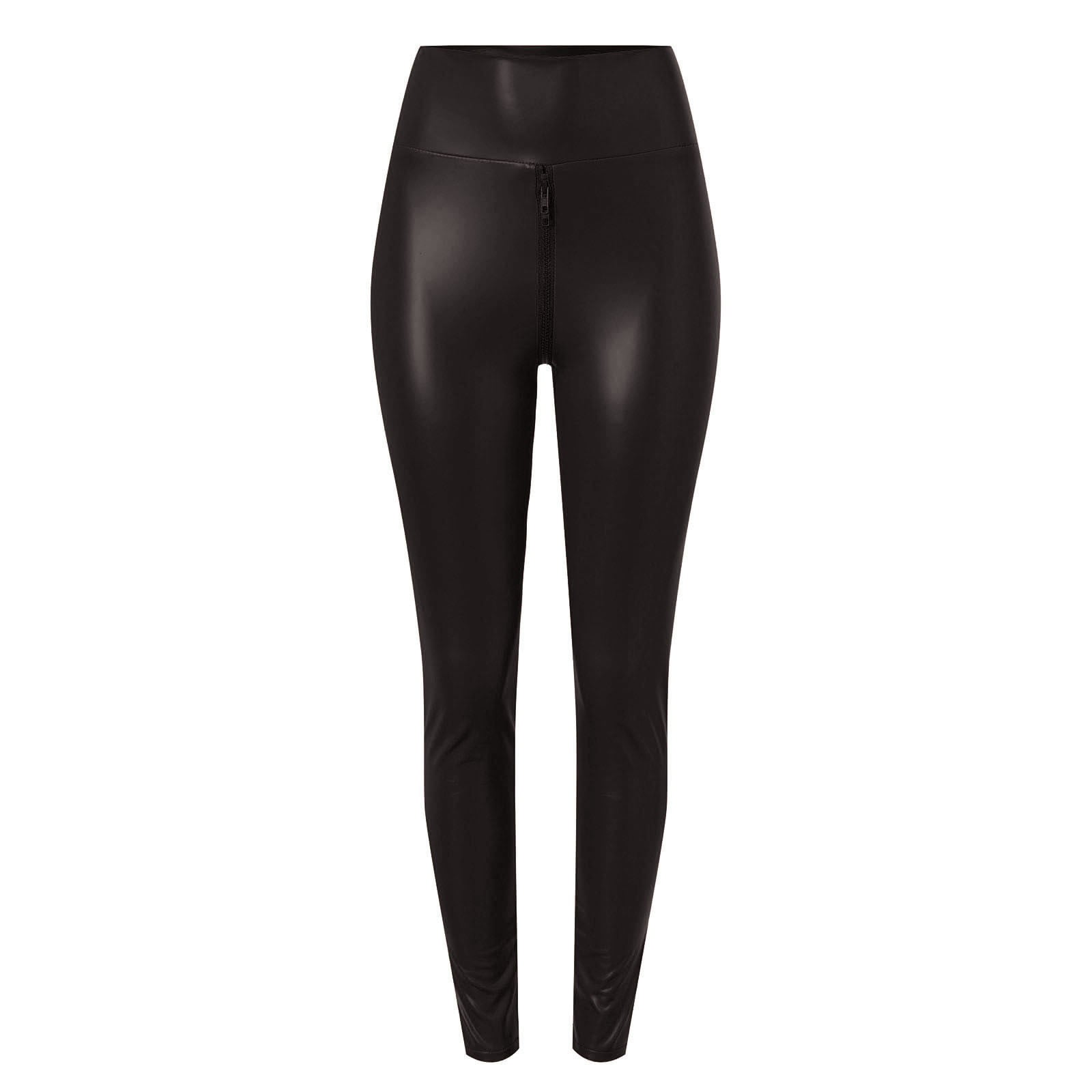 QIJUNTUO ​Women's Faux Leather Yoga Pants With High Waist Tummy Control Slim Fit Workout Trousers For Performance Training​ Black#1