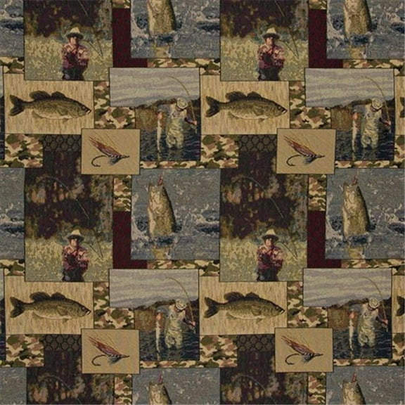 Designer Fabrics  54 in. Wide - Fishermen- Lures- Fly Fishing- Water- Camouflage- Themed Tapestry Upholstery Fabric