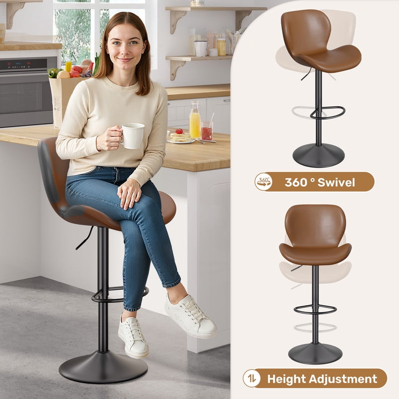 Hawsaiy Modern Swivel Bar Stools Set of 2, PU Leather Bar Chairs with Back & Footrest, Adjustable Height 22.2"-31" for Kitchen Island,Dark Brown