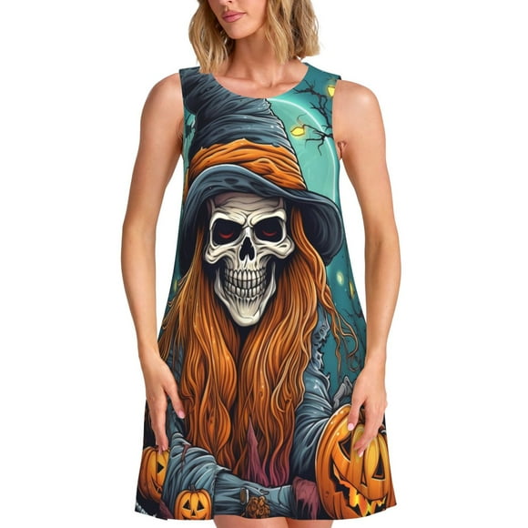 Lsque Cartoon Pumpkin Skull Pattern Summer Dresses for Women – Sleeveless T-Shirt Swing Sundress, Perfect for the Beach and Casual Days