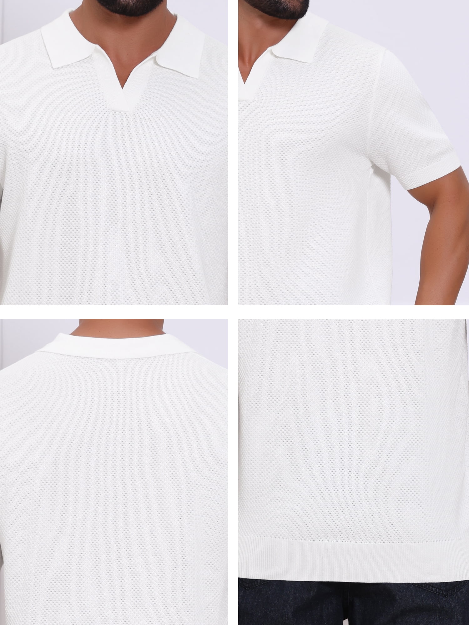 DARING DIVA Men's Textured Knit V Neck Short Sleeve Casual Golf Polo Shirt XL White