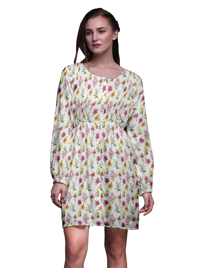 Bimba White Lily & Lotus Floral Button Down Midi Dress Women Tunic Long  Sleeve Smocked Top-X-small - Walmart.com