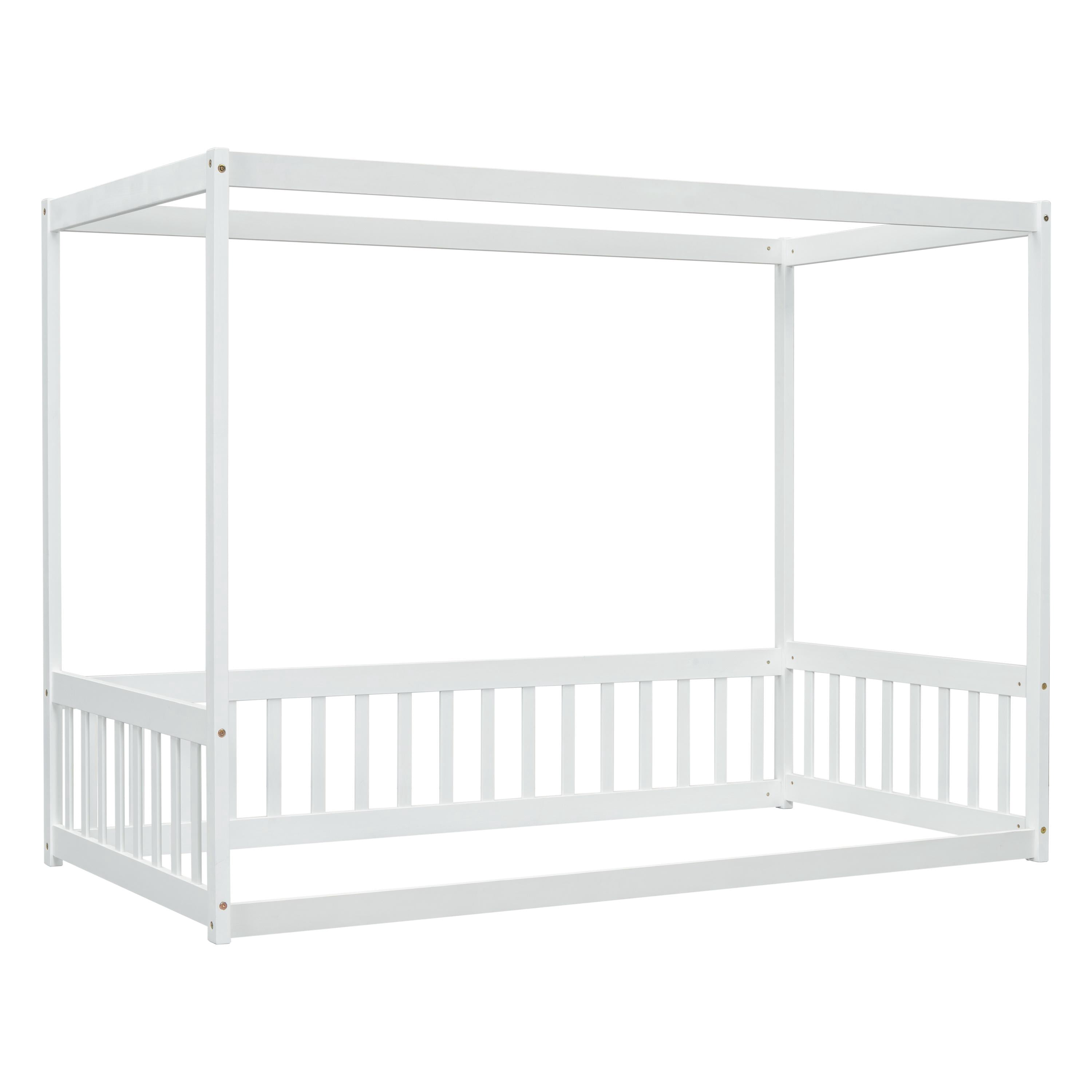 PORKISS Kids Montessori Floor Bed, Twin Size Floor Bed with Fence and Canopy for Girls Boys, White