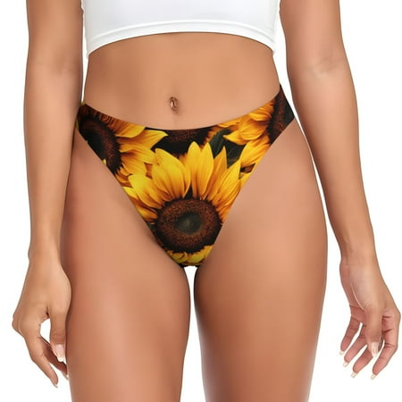 Qokaie Vibrant Sunflower Blooms Printed Women s Cotton Thong Underwear  Sexy Breathable Panties G-string-Medium