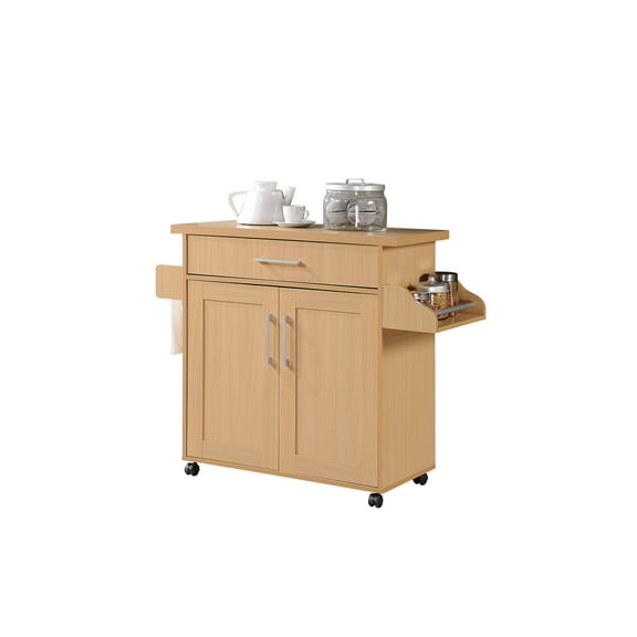 Hodedah Kitchen Cart with Spice Rack plus Towel Holder, Beech