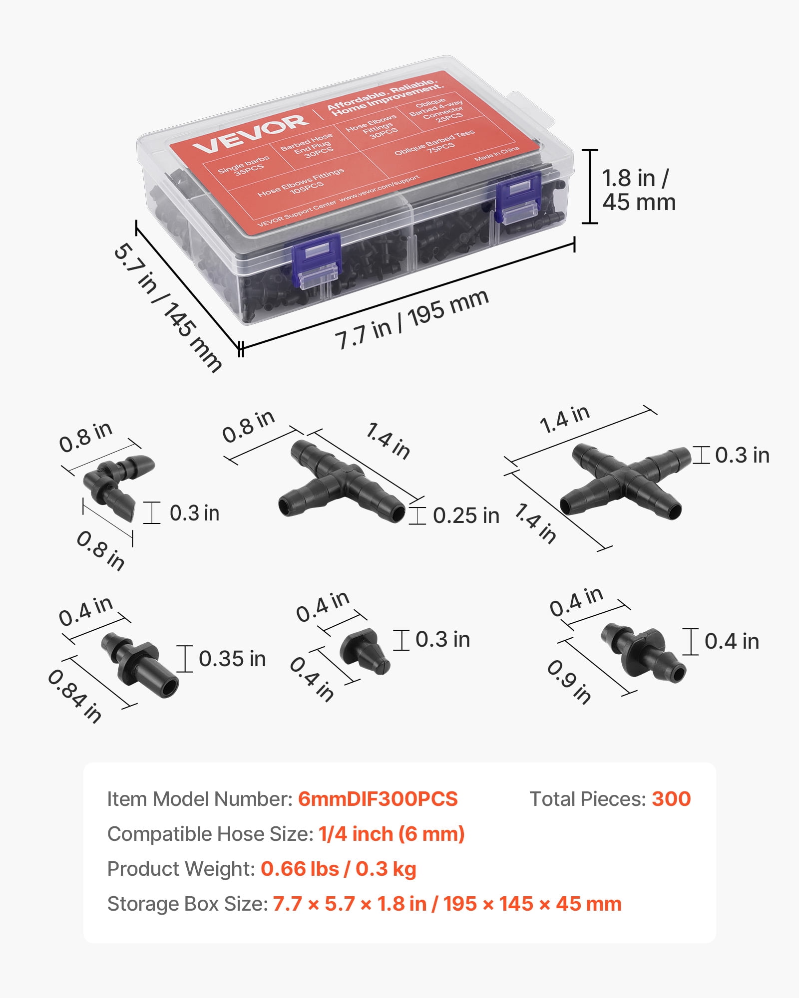 VEVOR Drip Irrigation Fittings Kit for 1/4" Tubing, 300 Pcs Drip Irrigation System Parts, Tees, Straight Barb, 4 Way Coupling, Elbows, End Plug, Single Barbs, Barbed Connectors for Yard Garden Lawn