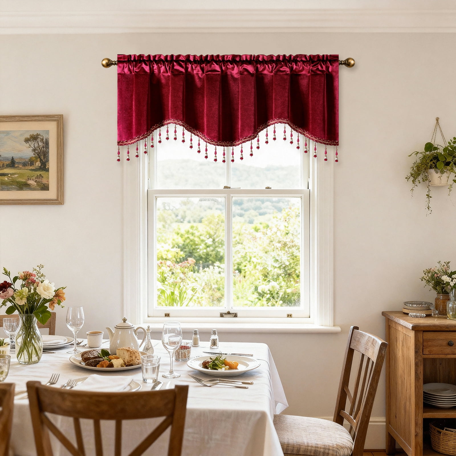 VOGOL Burgundy Velvet Scalloped Window Valance with Beaded Trim, Classic Decorative Curtain Topper for Living Room Bedroom
