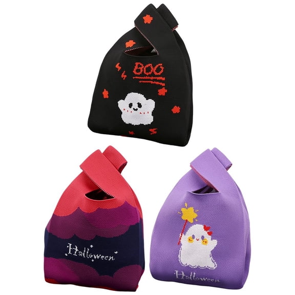Hsqqdc 3Pcs Halloween Knitted Tote Handbag Reusable Knit Candy Bag for Holiday Party Accessories