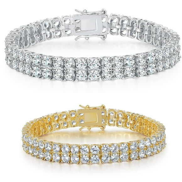 Atobao 2 Row Tennis Bracelet Iced Out Bling Cubic Zirconia Lab Simulated Diamond Bracelet14K Gold Plated Wrist Chain Hip Hop Jewelry for Men
