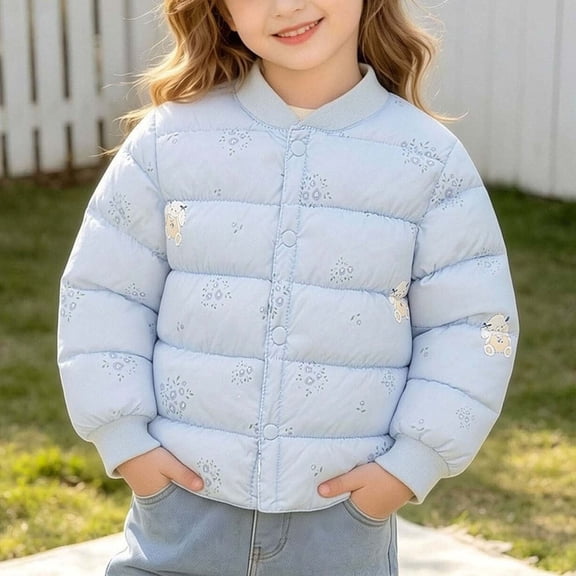 LOINRODI Girls Padded Liner Jacket, Button Closure Long Sleeve Baseball Collar Quilted Cute Print Lightweight Fall Winter Outerwear Light Blue Size 6-7