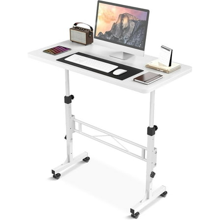 Small Standing Desk Adjustable Height, Mobile Stand Up Desk with Wheels, 32 Inch Portable Rolling Desks Computer Office Workstations for Walking Pad Treadmill White