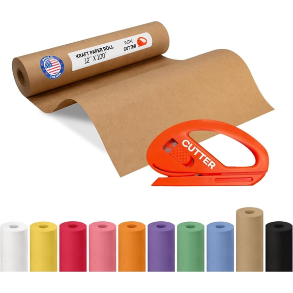 IDL Packaging Brown Kraft Paper Roll 12" x 1200" (100 feet) with Cutter - USA-Made Wrapping Paper