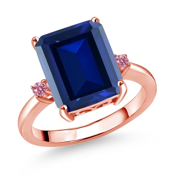 Gem Stone King 18K Rose Gold Plated Silver 12X10MM Blue Simulated Sapphire and 2MM Pink Lab Grown Diamond 3 Stone Engagement Ring for Women | 6.78 Cttw | Gemstone September Birthstone | Size 5