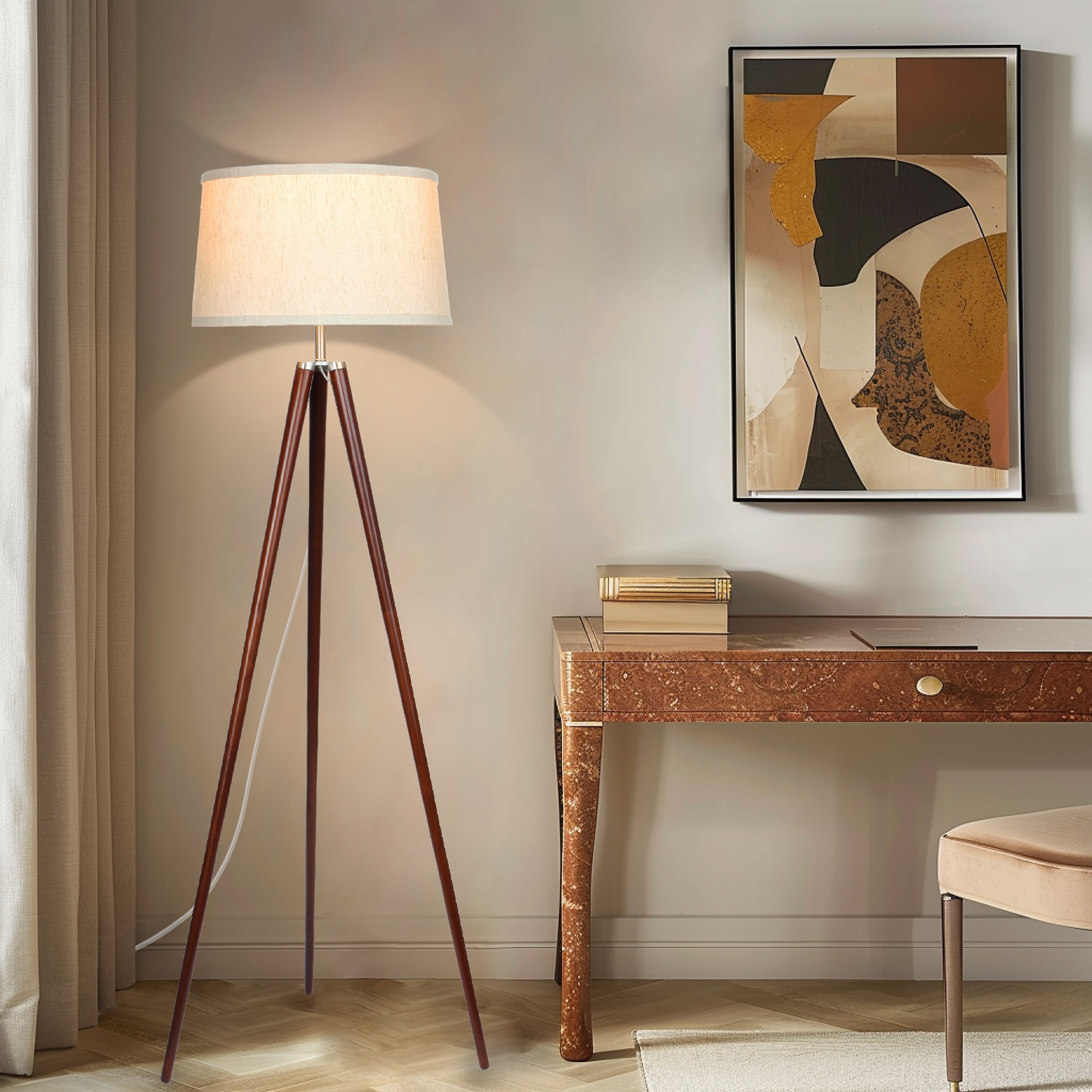 Brightech Emma 61 in. Walnut Brown Mid-Century Modern 1-Light LED Energy Efficient Floor Lamp with Beige Fabric Drum Shade