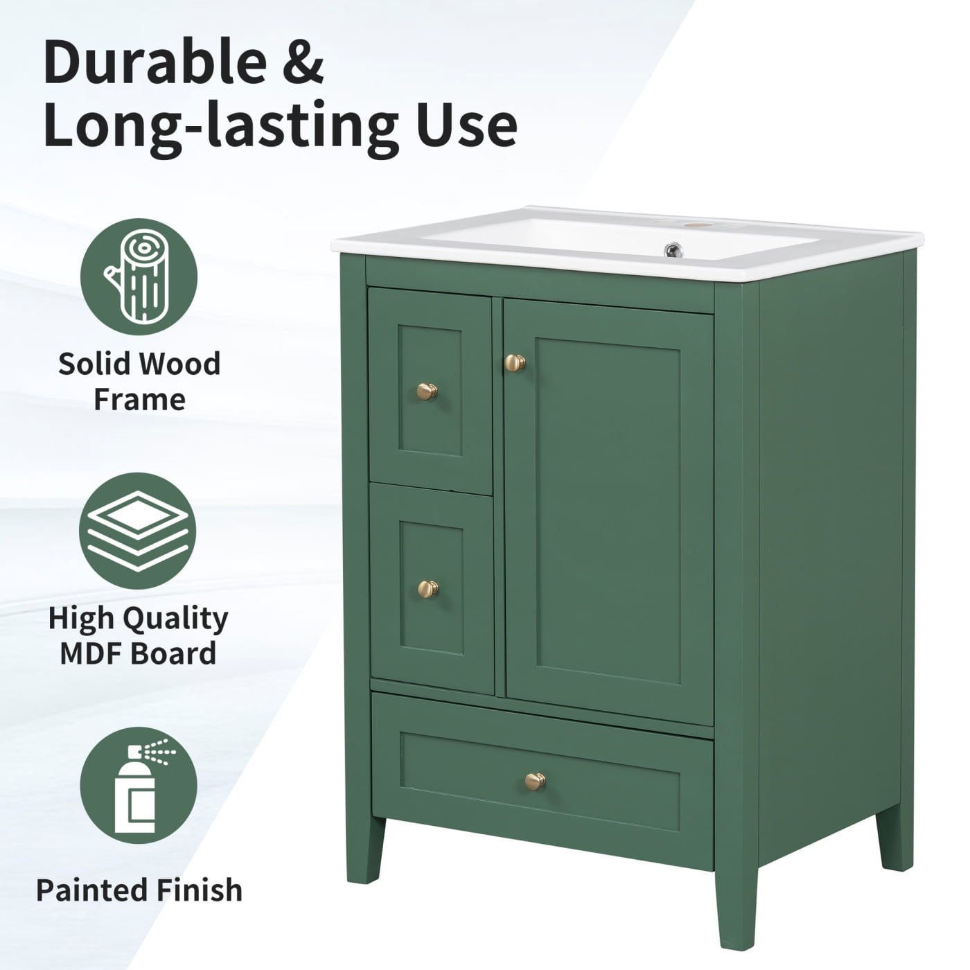 24" Small Bathroom Vanity with Sink Combo, Solid Wood Bathroom Storage Cabinet with 3 Drawers and Adjustable Shelf, Dark Green