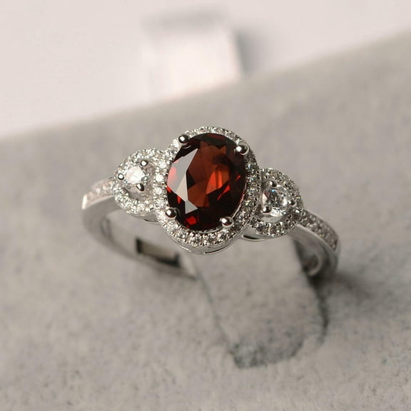 HeartsAndYou 1.9ct Natural Red Garnet & Diamond Ring Halo Trilogy 100% 14k SOLID White Gold