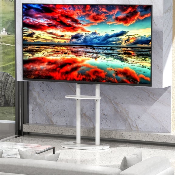 Wisfor 40-75" Floor TV Stand LED LCD Flat TV Mount Bracket with Stone Bottom Shelf, White Colour