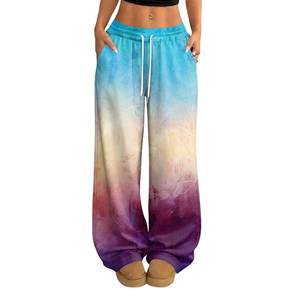 YIFUNIN Women's Printed Elastic Waist Wide Leg Pants, Tie Dye Gradient Casual Drawstring Trousers, Loose Fit Bohemian Style Fashion,Blue L