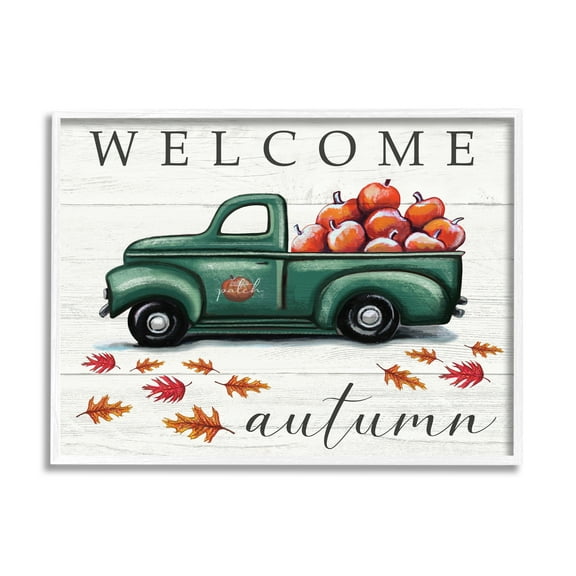 Stupell Industries Green Farm Truck Autumn Apple Harvest Welcome Sign Graphic Art White Framed Art Print Wall Art, 11x14, by Elizabeth Tyndall