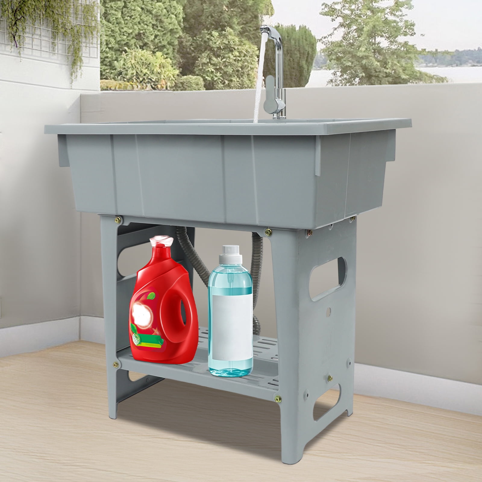 Laundry Sink 31.5x22x31.9in Grey Freestanding Utility Sink with 28.4x17.7x9.4in Basin & Storage Shelf