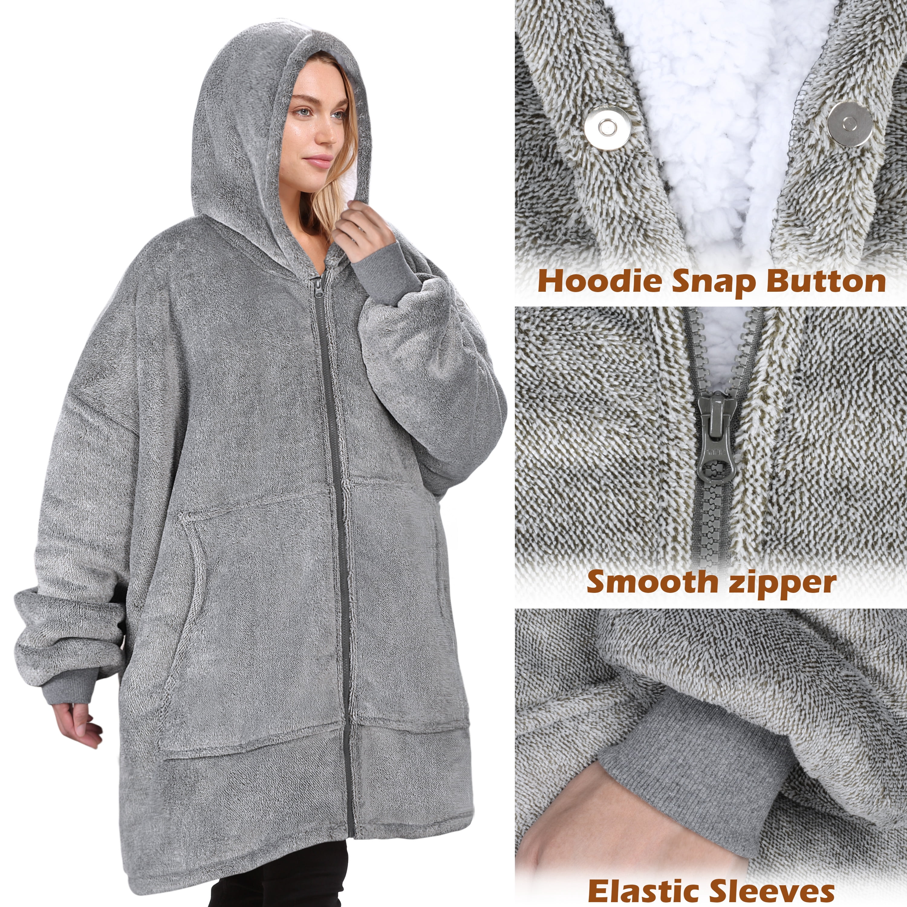 Catalonia Oversized Hoodie Blanket with Zipper, Wearable Sherpa Sweatshirt Pullover, Soft Warm Comfortable Jacket for Adults Men Women, Ash Grey