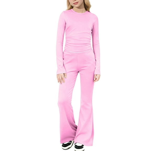 Cethrio Girls Outfit Sets, Casual 2 Piece Knitting Cotton Long Sleeve Tops and Pants Sets Pink Size 10-12