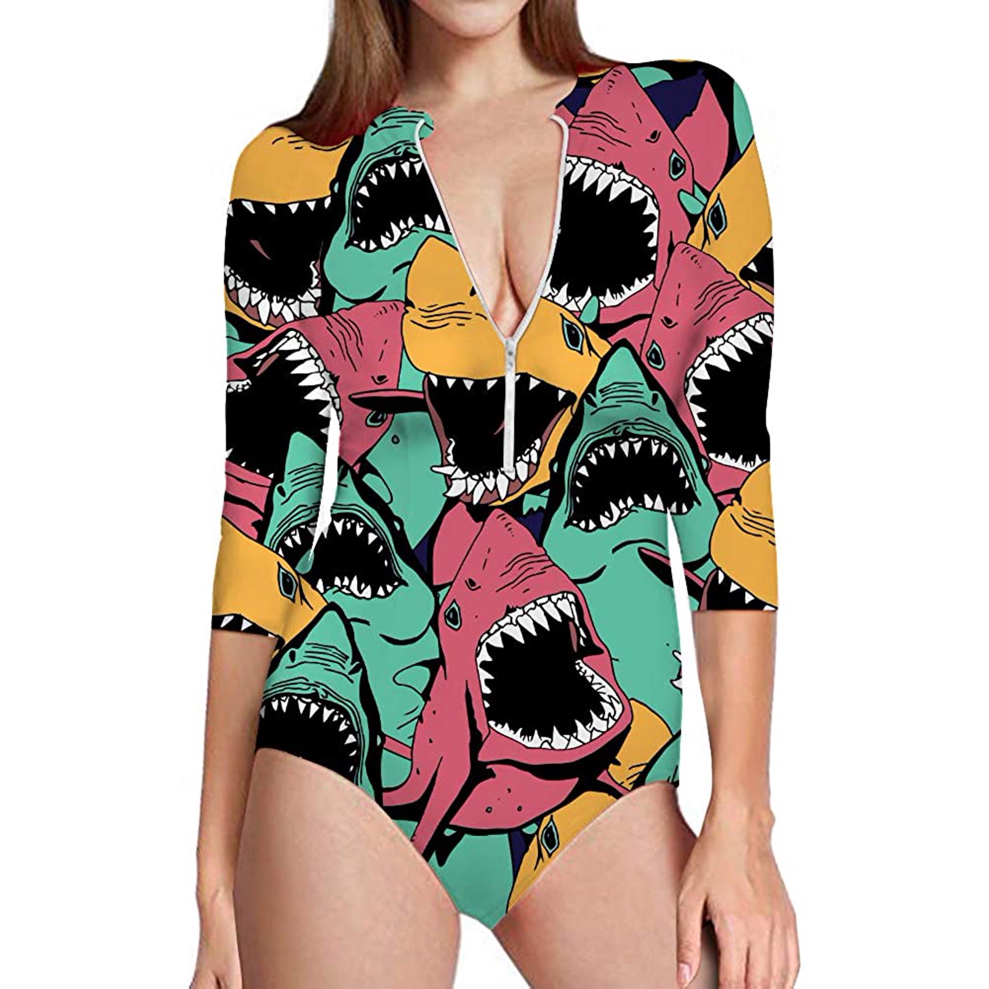 3d Shark Graphic One Piece Swimsuits Long Sleeve Uv Protection Surfing Rash Guard Zip Bathing Suit Swimwear For Women Walmart Canada