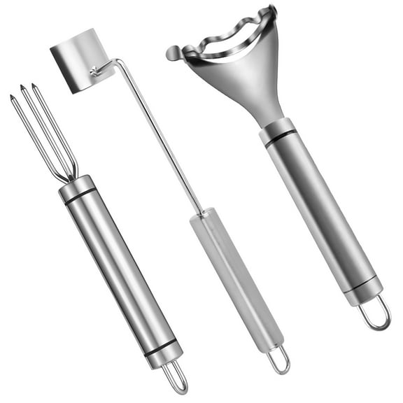 3 PCS Stainless Steel Corn Peeler Tools, Includes Corn Scraper, Corn Cutter, and Corn Fork, Heavy-Duty Kitchen Utensils for Removing, Shaving and Lifting Corn