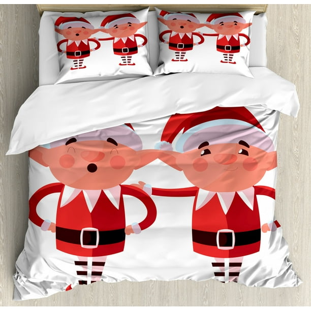 Elf Duvet Cover Set, Pattern of 2 Friendly on a Plain Background