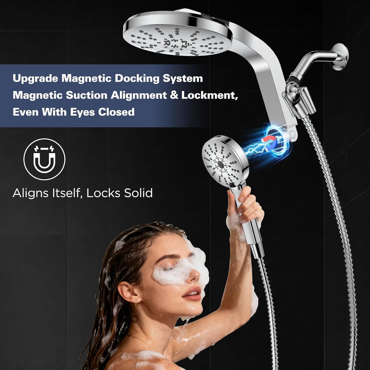 High Pressure Rain Showerhead Combo, Magnetic Shower Head Set with Detachable Handheld Shower Spray, Adjustable Angle Dual Showerhead System with Built-in Magnetic Docking and Power Jets