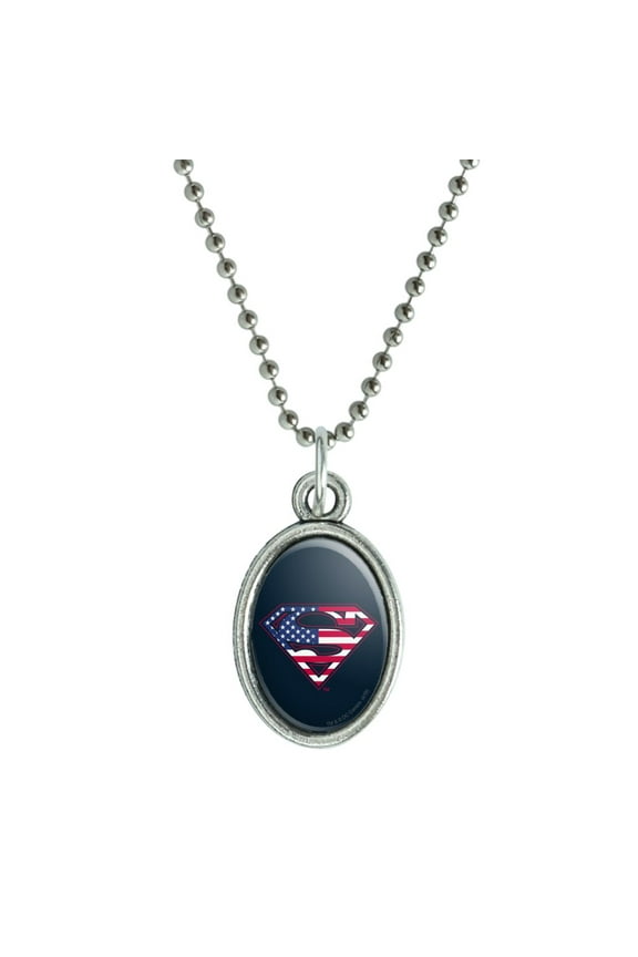 Superman USA American Flag Shield Logo Antiqued Oval Charm Pendant with Chain