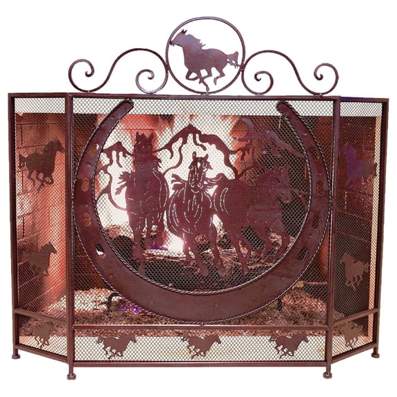 Decorative Metal Foldable Fireplace Screen with Horseshoe and Running Horses in Brown Metal Mesh Rustic Western Country